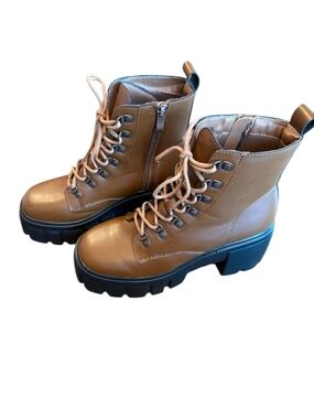 Women’s Brown Lace-Up High Heel Chunky Platform‎ Combat Boots with Side Zipper